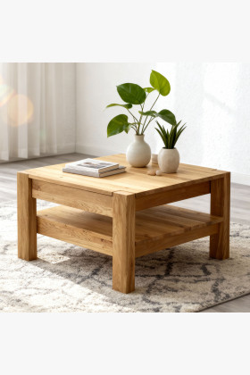 Tömör tölgyfa dohányzóasztal polccal, 70x70 cm, olajozott felület